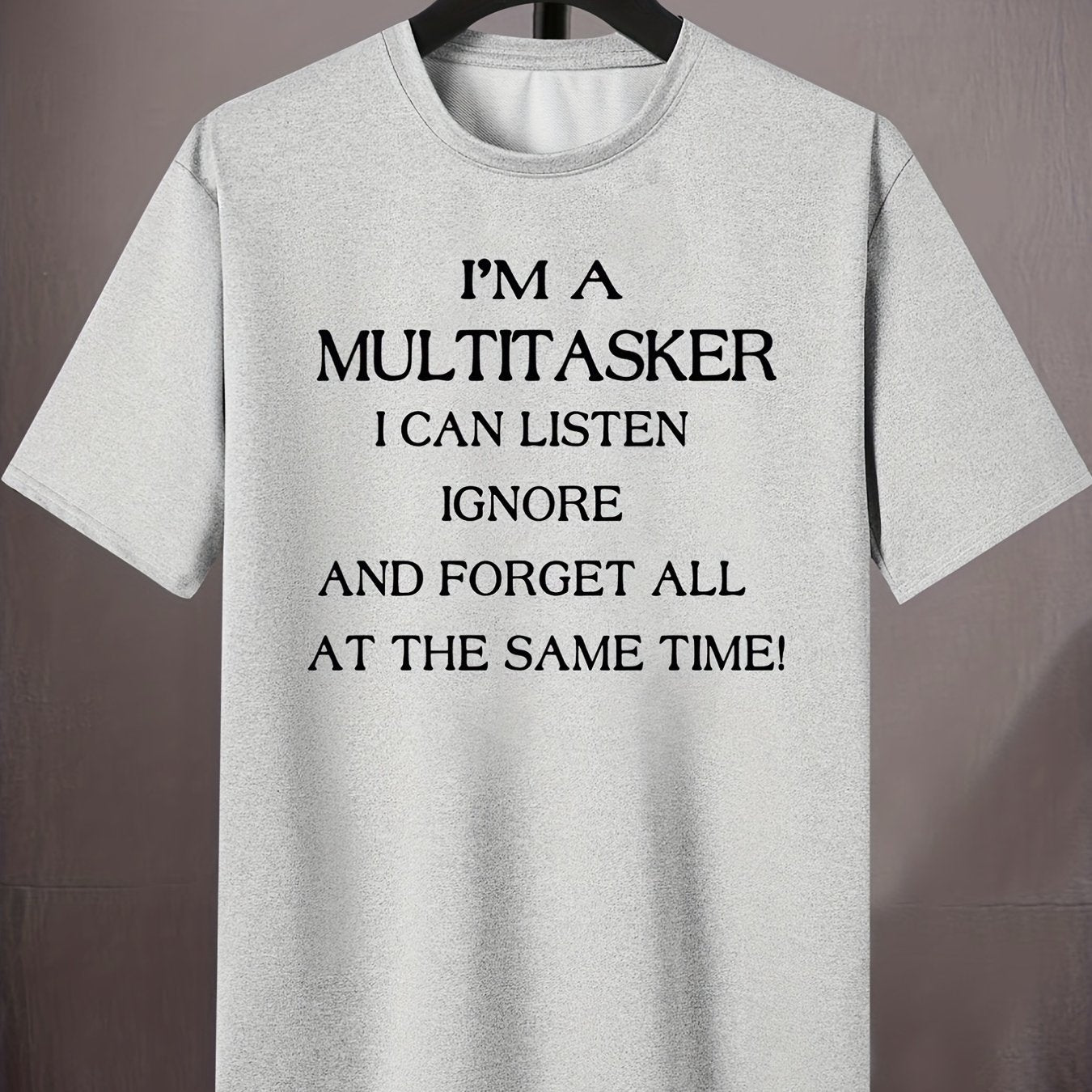 Men's Plus Size Beige T-Shirt - "I'm a Multitasker" Humorous Print, Casual Mid-Stretch Crew Neck, Short Sleeve, Ideal for Summer, Youth Casual Top|Humorous Print Tee|Nontransparent Material, PLUS SIZE