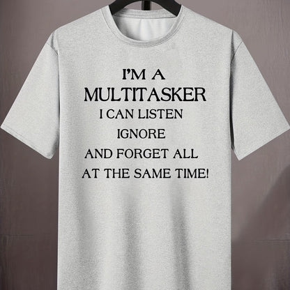 Men's Plus Size Beige T-Shirt - "I'm a Multitasker" Humorous Print, Casual Mid-Stretch Crew Neck, Short Sleeve, Ideal for Summer, Youth Casual Top|Humorous Print Tee|Nontransparent Material, PLUS SIZE