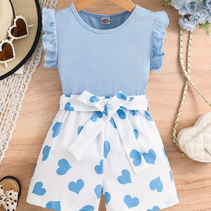 Girls Ruffle Trim Round Neck Top & Heart Graphic Belted Shorts Set Kids Summer Clothes