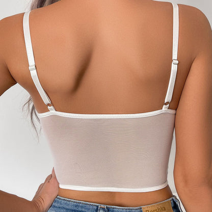 Floral Lace Women's Push Up Cami Coeset, Contrast Mesh Crop Top Bra with Hollow Out Detail