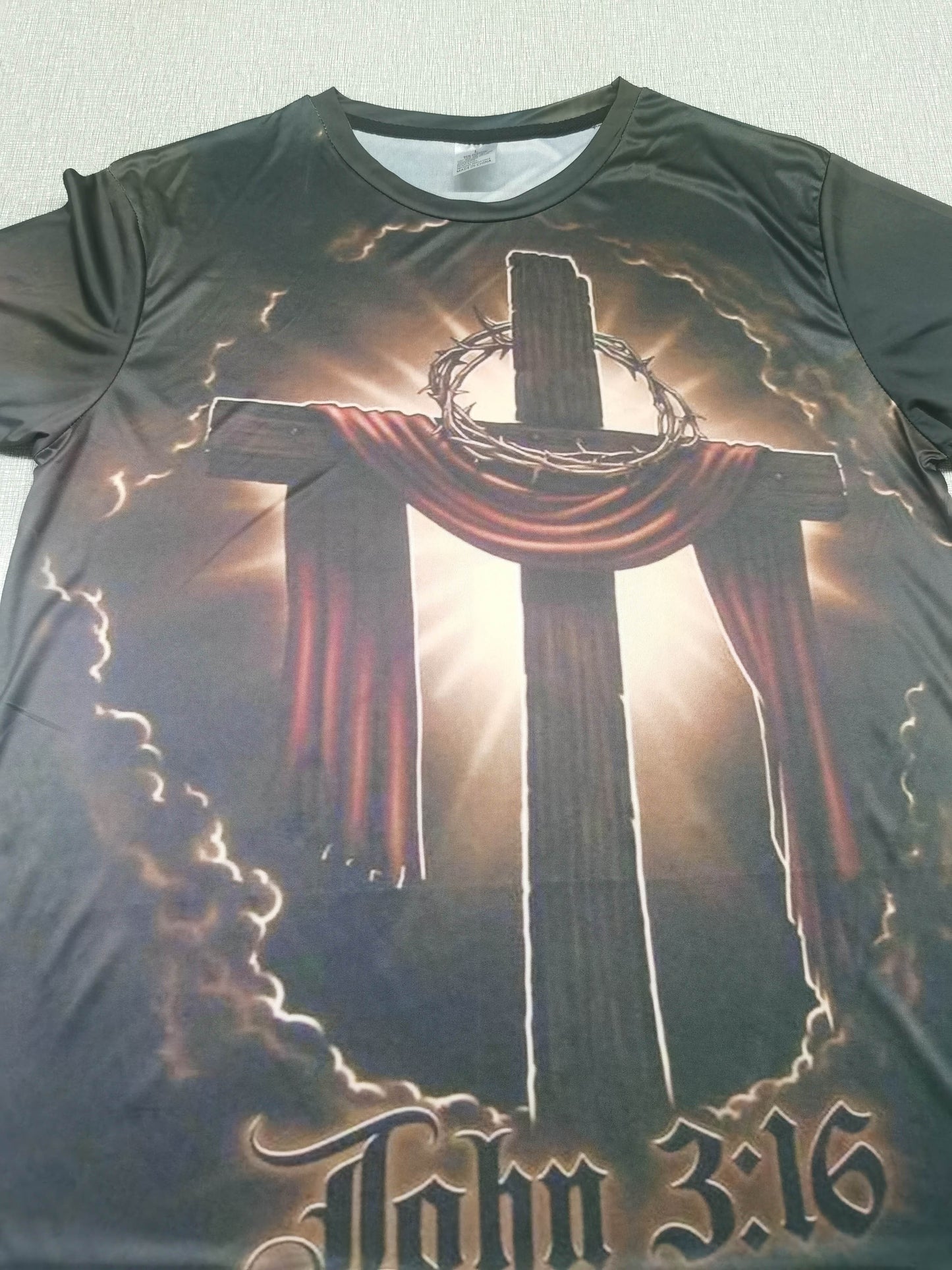 Crucifix Pattern All Over Print T-shirt, Men's Casual Mid Stretch Round Neck T-shirt For Spring Summer