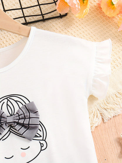 2pcs Girls Figure Graphic T-Shirts Round Neck Ruffle Sleeve Tees Top & Elastic Waist Bow Plaid Shorts Set Kids Summer Clothes