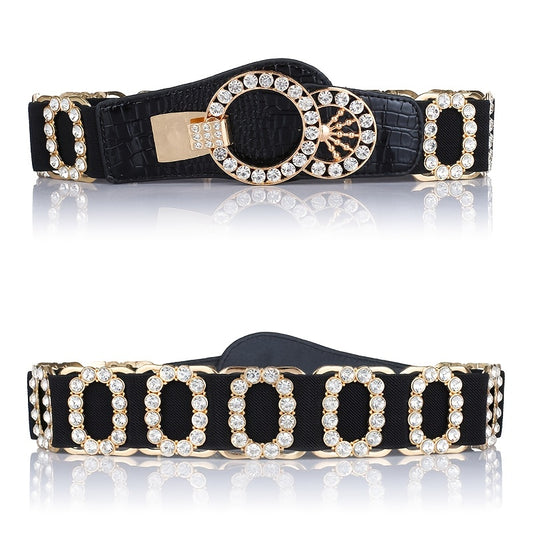 Stretchy Elastic Waist Belt for Women - Sparkling Rhinestone Accents, Alphabets, Rivet, Sequins, and Studded Details - Perfect for Party, Wedding, Bohemian, and Business Occasions