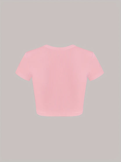 Letter Embroidery Crop T-Shirt, Y2K Short Sleeve T-Shirt For Spring & Summer, Women's Clothing
