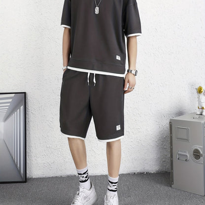 Men's 2 Piece Outfits, Solid Color, Faux Two-Piece Casual Graphic Crew Neck T-shirt And Loose Drawstring Shorts Set, Men’s Clothing