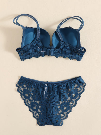 Romantic Lace Embroidery Lingerie Set - Soft & Breathable Push-Up Bra with Sheer Panty - Perfect Seductive Valentines Gift for Her - Womens Comfortable Intimate Wear
