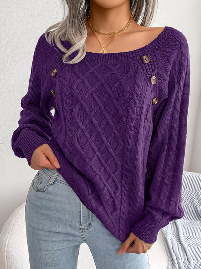 [Texture Lantern Sleeve Sweater] Round Neck Texture Lantern Sleeve Women's Sweater - Button Sweater