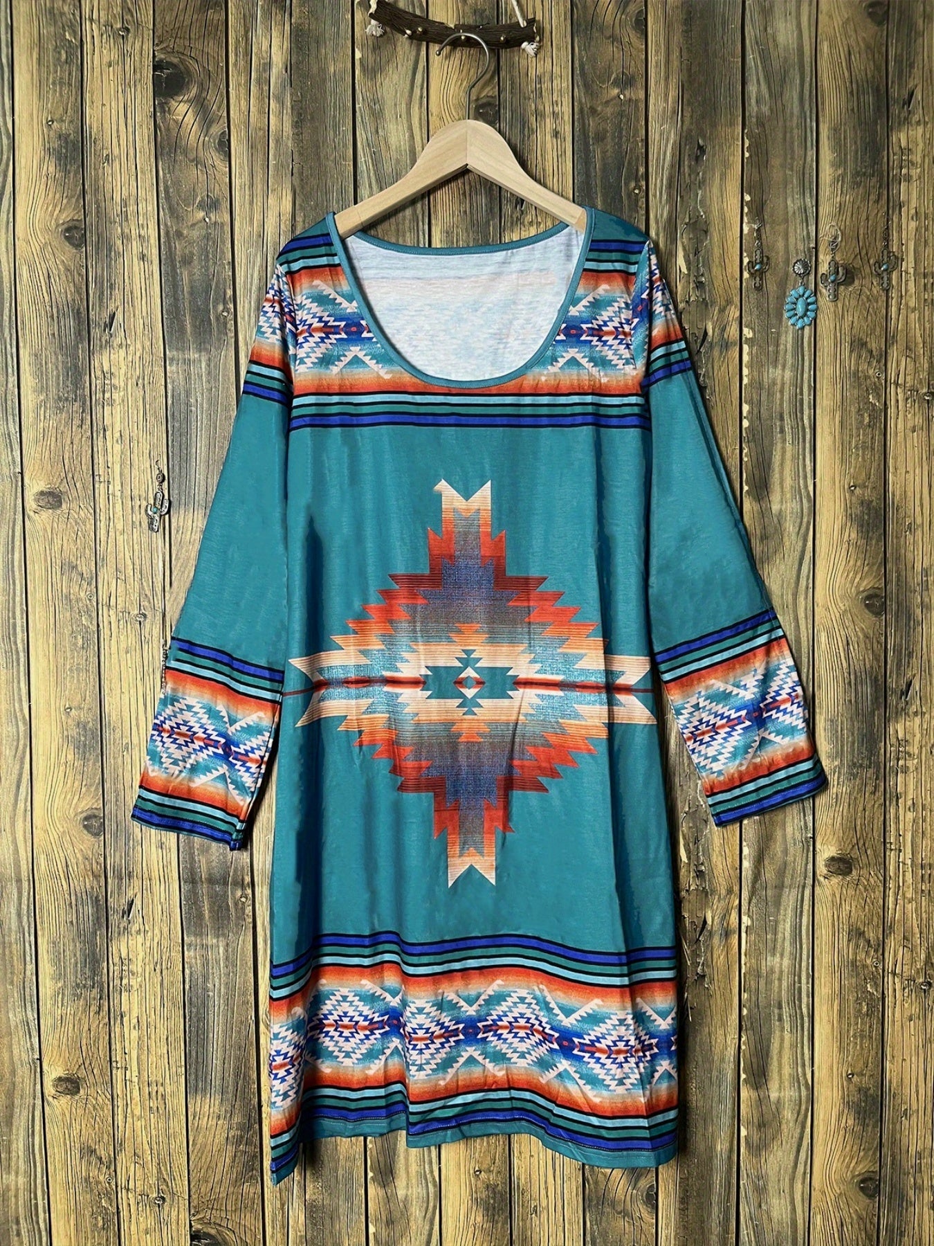 Aztec Print Ethnic Split Sleeve Dress, Boho Vintage V Neck Mini Dress, Women's Clothing