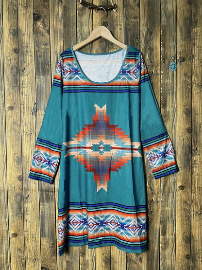 Aztec Print Ethnic Split Sleeve Dress, Boho Vintage V Neck Mini Dress, Women's Clothing