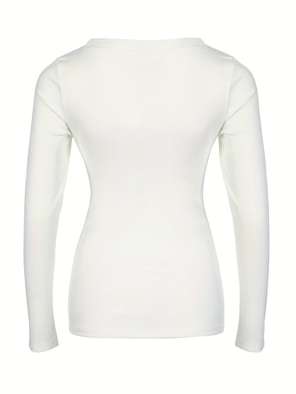 Womens Soft Ribbed Square Neck T-Shirt - Trendy Long Sleeves for Spring & Fall - Versatile Casual Wear