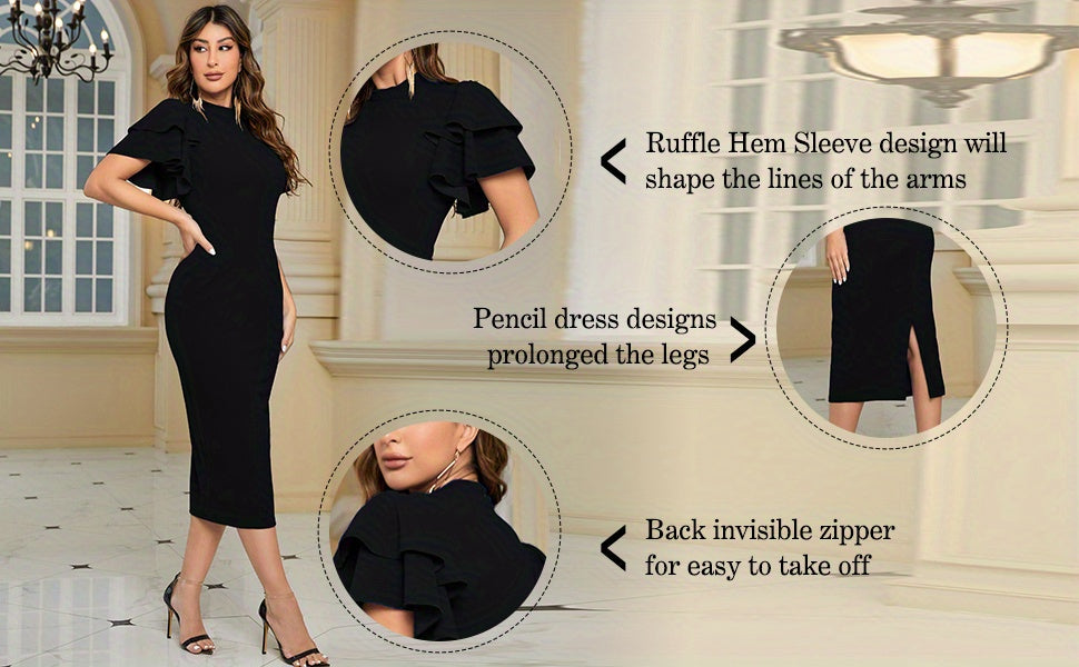 Elegant Bodycon Dress for Party, Ruffle Hem, Layered Back Split, Women's Clothing