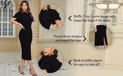 Elegant Bodycon Dress for Party, Ruffle Hem, Layered Back Split, Women's Clothing