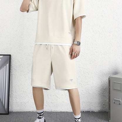Men's 2 Piece Outfits, Solid Color, Faux Two-Piece Casual Graphic Crew Neck T-shirt And Loose Drawstring Shorts Set, Men’s Clothing
