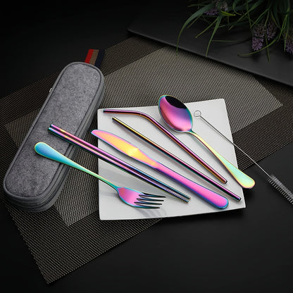Portable Utensils, Travel Camping Cutlery Set, 8pcs including Knife Fork Spoon Chopsticks Cleaning Brush Straws Portable Case, Stainless Steel Flatware set