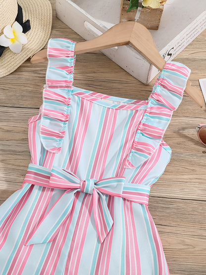 Girls Sleeveless Ruffle Trim Romper Striped Jumpsuit With Belt Kids Summer Clothes