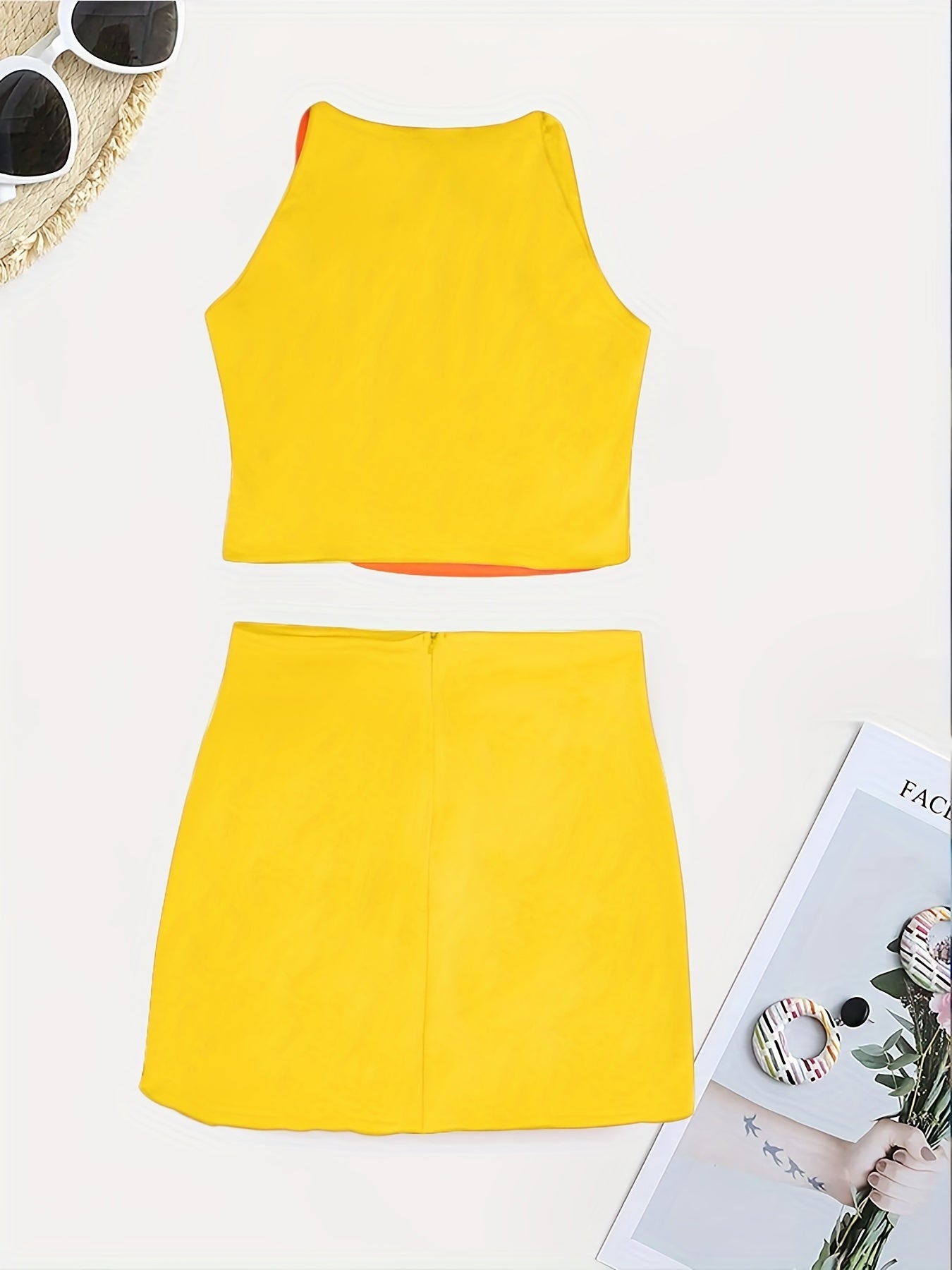 Beaded Color Block 2 Piece Set, Sexy Crop Halter Top & Asymmetrical High Waist Skirt, Women's Clothing