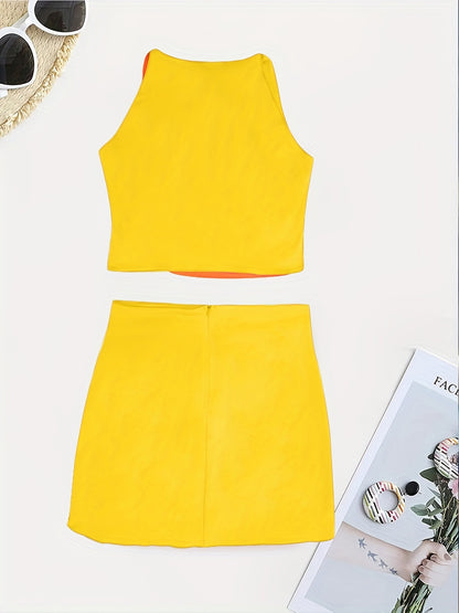 Beaded Color Block 2 Piece Set, Sexy Crop Halter Top & Asymmetrical High Waist Skirt, Women's Clothing