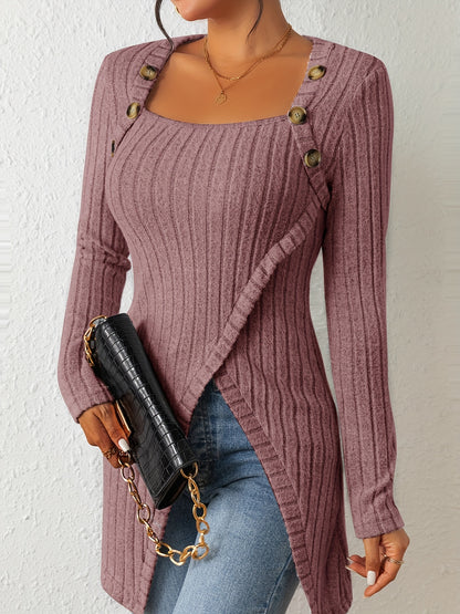 Button Decor Asymmetrical Hem T-Shirt, Casual Ribbed Long Sleeve Top For Spring & Fall, Women's Clothing