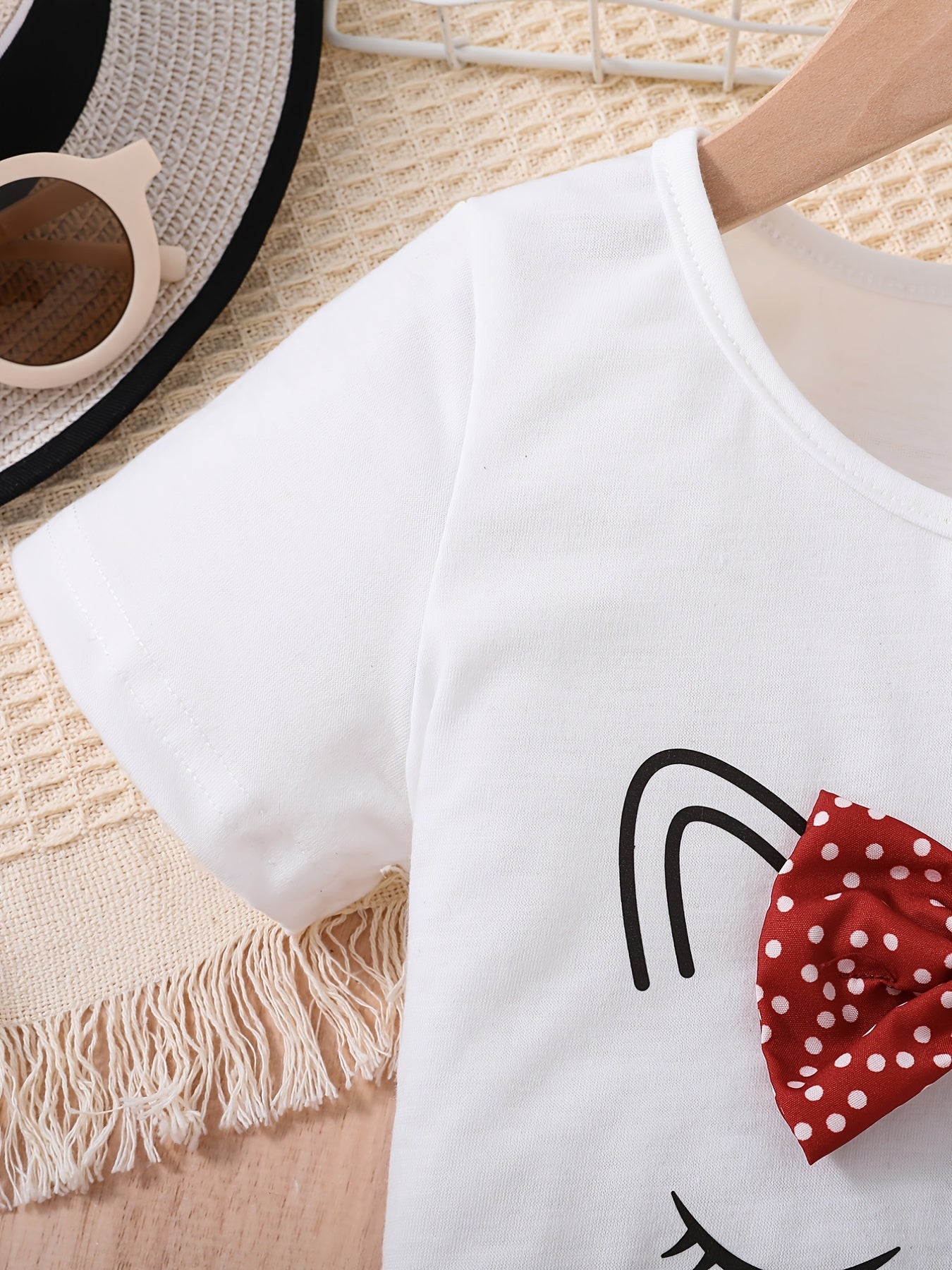 2pcs Girls Cute Cat Graphic Bow T-Shirts Round Neck Short Sleeve Tees Top & Elastic Waist Polka Dots Ruffled Hem Shorts Set Kids Summer Clothes