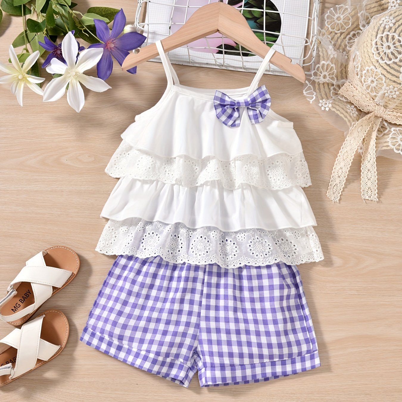2pcs Ruffles Cami Top & Elastic Waist Plaid Shorts Set - Girls Summer Clothes with Flower Hollow Bow