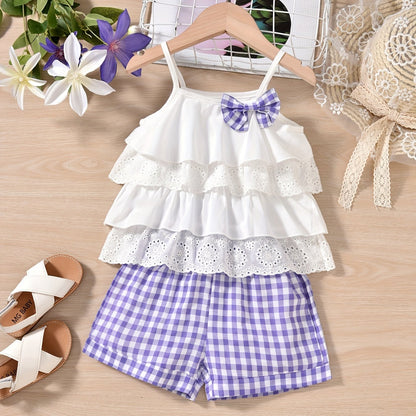 2pcs Ruffles Cami Top & Elastic Waist Plaid Shorts Set - Girls Summer Clothes with Flower Hollow Bow