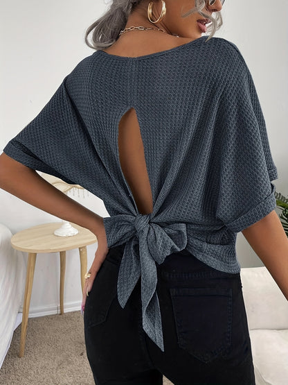 Lightweight Waffle Knit Tie-Back T-Shirt - Chic Casual Short Sleeve Top for Spring & Summer - Perfect Womens Fashion Essential