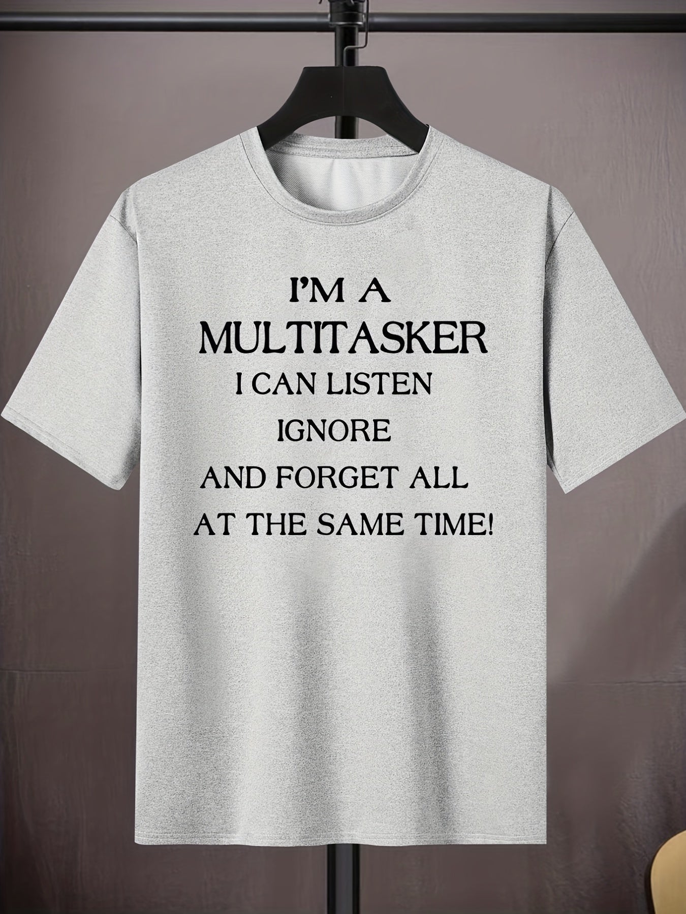 Men's Plus Size Beige T-Shirt - "I'm a Multitasker" Humorous Print, Casual Mid-Stretch Crew Neck, Short Sleeve, Ideal for Summer, Youth Casual Top|Humorous Print Tee|Nontransparent Material, PLUS SIZE