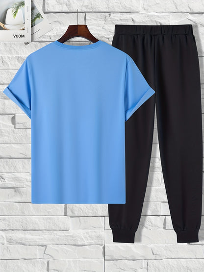 Color Blocks Print, Men's 2 Pieces Outfits, Short Sleeve T-Shirt And Drawstring Trousers Set