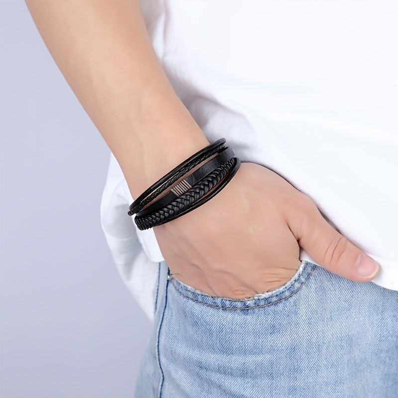 1pc Men's Hand-Woven Multi-Layer Leather Bracelet with Buckle Closure - Stylish Faux Leather Cuff, Durable & Versatile Accessory for Casual or Formal Wear