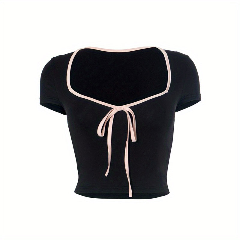 Sexy Bow Tie Cropped T-Shirt - Short Sleeve, Slim Fit, Coquette Y2K Style, Women's Clothing for Fashionistas - Perfect for Date Nights, Casual Outings, and Summer Events