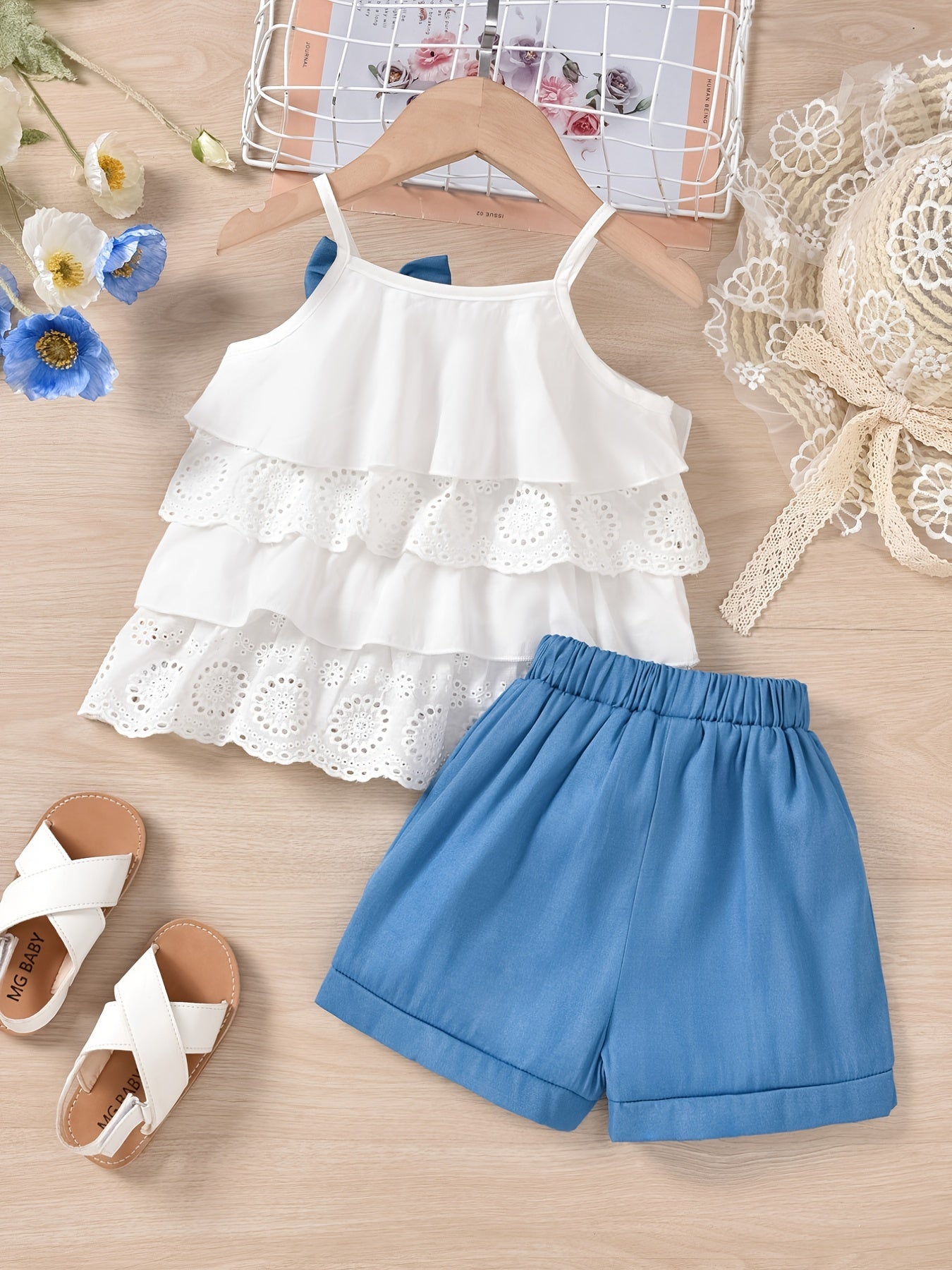 2pcs Ruffles Cami Top & Elastic Waist Plaid Shorts Set - Girls Summer Clothes with Flower Hollow Bow