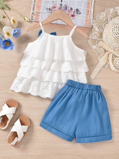 2pcs Ruffles Cami Top & Elastic Waist Plaid Shorts Set - Girls Summer Clothes with Flower Hollow Bow