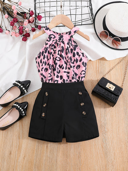 Girls Cold Shoulder Leopard Halter Top & Fake Button Shorts Set Kids Summer Clothes