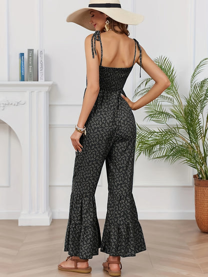 Bohemian Chic Ditsy Floral Print Jumpsuit - Lightweight & Breathable Sleeveless Spaghetti Strap Vacation Wear - Flared Leg Womens Casual Fashion
