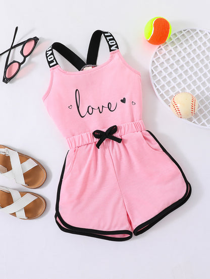 2pcs Toddler Girls Heart And "LOVE" Graphic Letter Tape Cami Top & Bow Contrast Binding Track Shorts Set Kids Summer Clothes