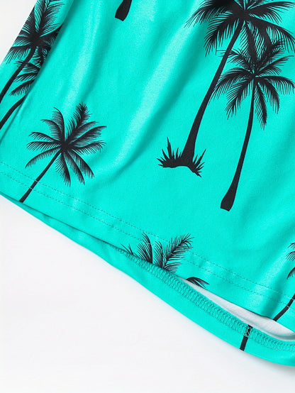 2Pcs Men's Palm Trees Print Casual Crew Neck Short Sleeve T-shirt And Drawstring Sweatpants Joggers Set For Summer