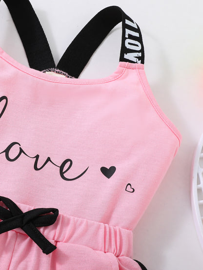 2pcs Toddler Girls Heart And "LOVE" Graphic Letter Tape Cami Top & Bow Contrast Binding Track Shorts Set Kids Summer Clothes