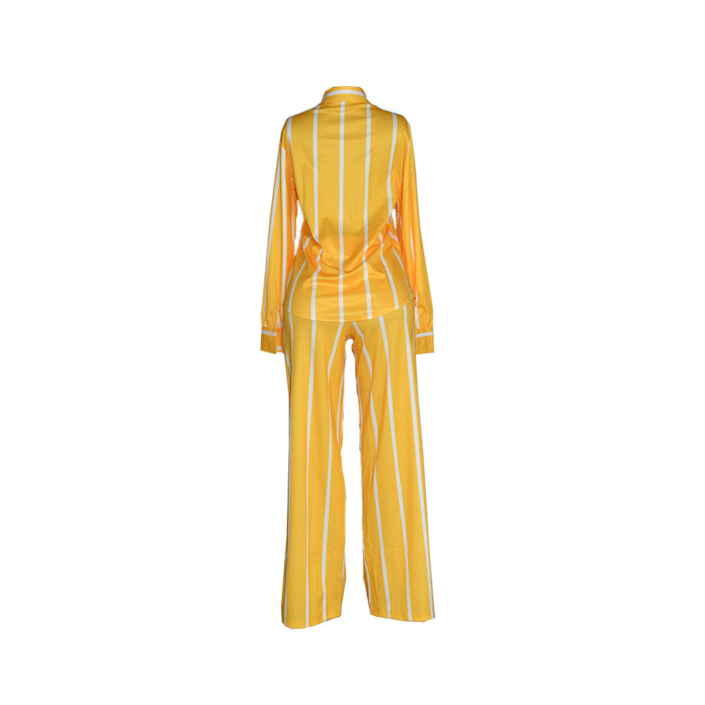 [Two-piece Set Long Sleeve Shirt] Striped Print Two-piece Set, Button Front Collar Long Sleeve Shirt & High Waist Wide Leg Loose Pants Set, Women's Clothing