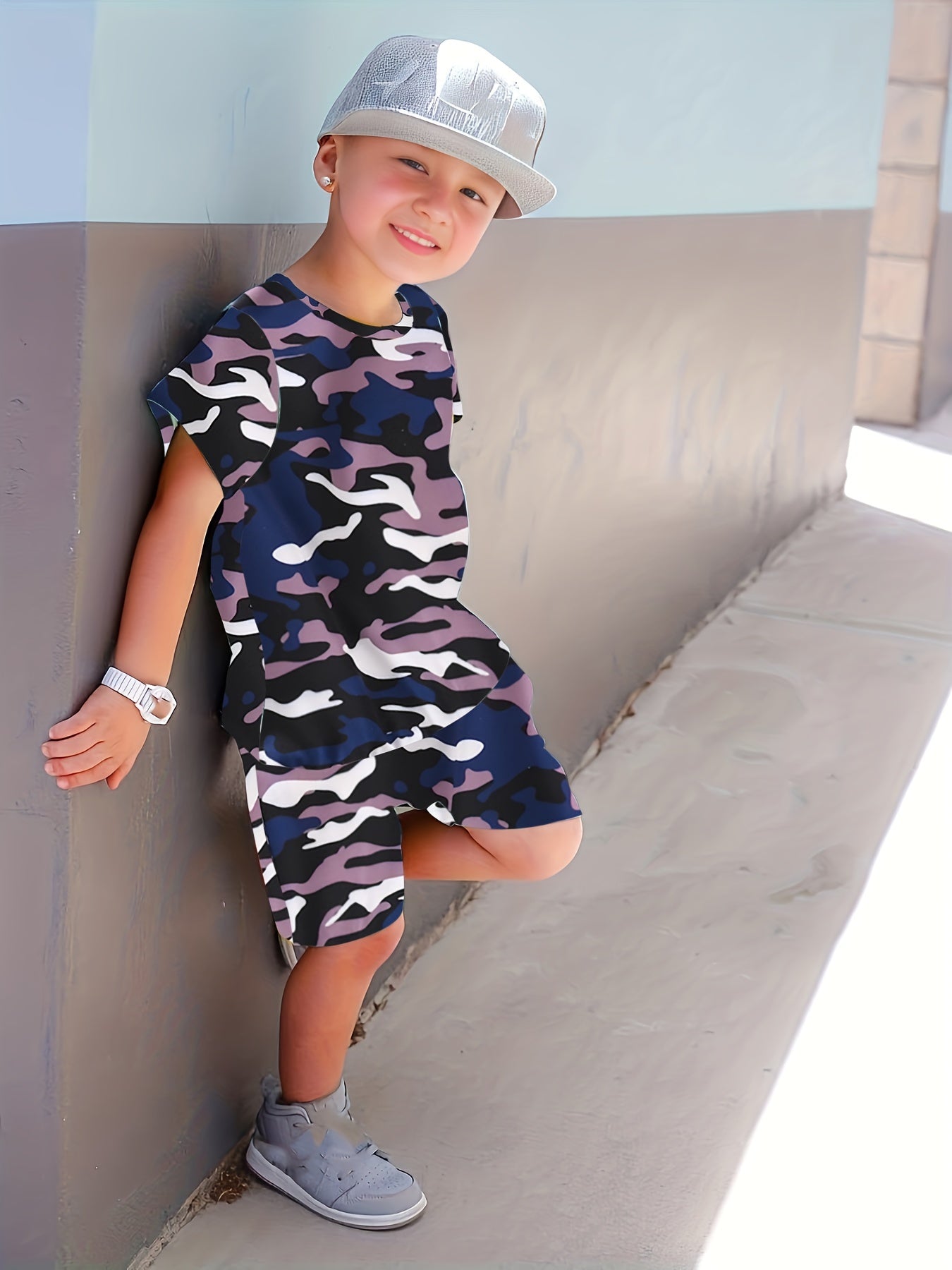 Boys Fashionable Camouflage Two-piece Set - Lightweight T-shirt & Shorts for Summer Playtime - Trendy & Comfortable Everyday Wear