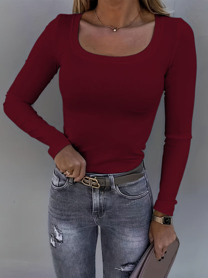 Womens Soft Ribbed Square Neck T-Shirt - Trendy Long Sleeves for Spring & Fall - Versatile Casual Wear