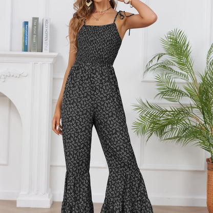 Bohemian Chic Ditsy Floral Print Jumpsuit - Lightweight & Breathable Sleeveless Spaghetti Strap Vacation Wear - Flared Leg Womens Casual Fashion