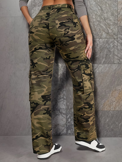Camo Cargo Pants for Women | Vintage Y2K Straight-Leg Casual Jeans - All-Season Wear, Mid-Waist with Pockets