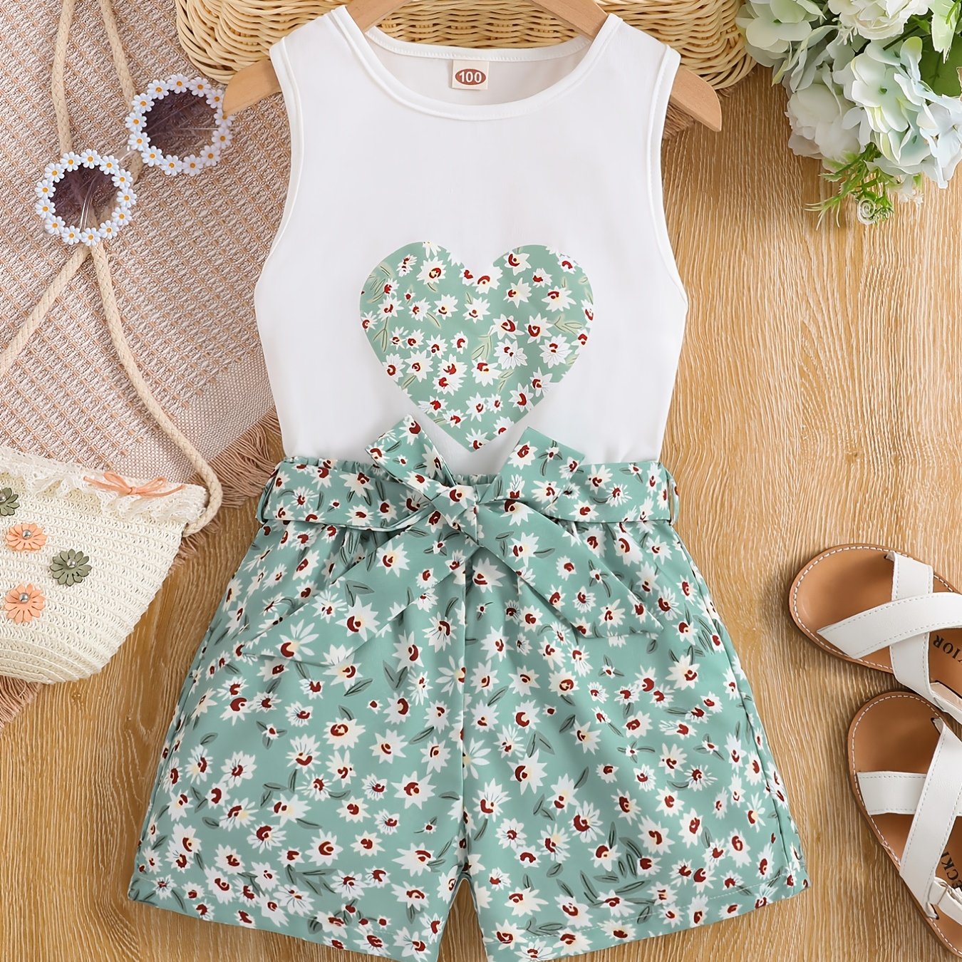 Girls 2pcs Round Neck Sleeveless Tank Top & Elastic Waist Shorts With Belt Floral Love Print Casual Kids Clothes Summer