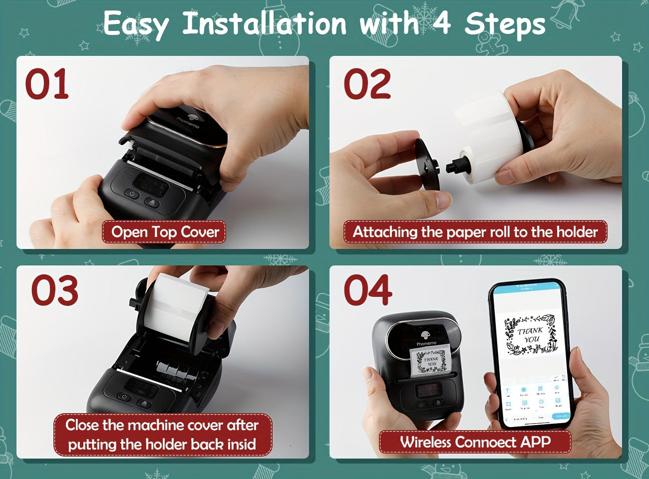 [Wireless | Portable] Phomemo Portable Wireless Thermal Label Printer M110 | Compact Wireless Barcode & Sticker Maker for Office, Retail, Jewelry Labels | Compatible with iOS & Android, Includes 1 Roll of 40×30mm Labels, Rec