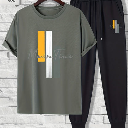 Color Blocks Print, Men's 2 Pieces Outfits, Short Sleeve T-Shirt And Drawstring Trousers Set