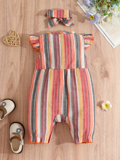 Baby Girls Striped Ruffled Romper Set with Bow Headband for Summer