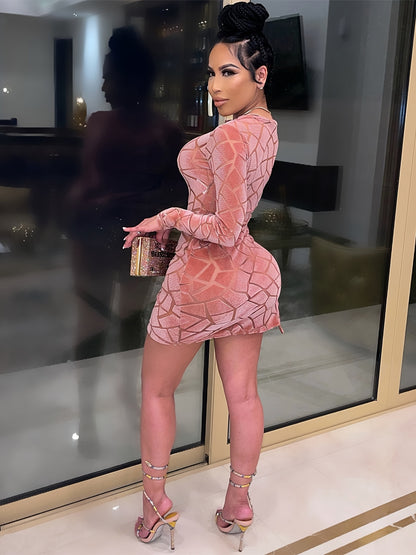 [Velvet Bodycon Dress] Plus Size Velvet Bodycon Dress - Semi Sheer Long Sleeve High Stretch Sexy Women's Dress