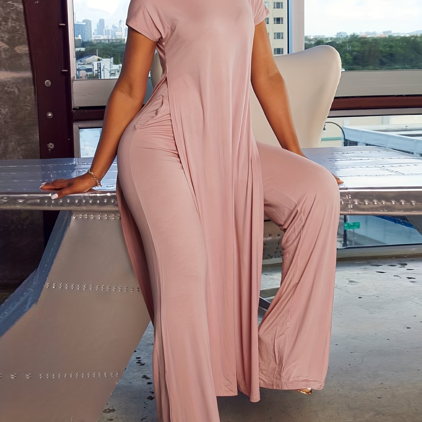 Two-Piece Casual Matching Set - Crew Neck Split T-Shirt & Wide Leg Pants Outfit with Micro Elasticity, Polyester Fabric, Solid Color, and Knit Construction for All Seasons