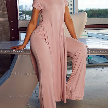 Two-Piece Casual Matching Set - Crew Neck Split T-Shirt & Wide Leg Pants Outfit with Micro Elasticity, Polyester Fabric, Solid Color, and Knit Construction for All Seasons