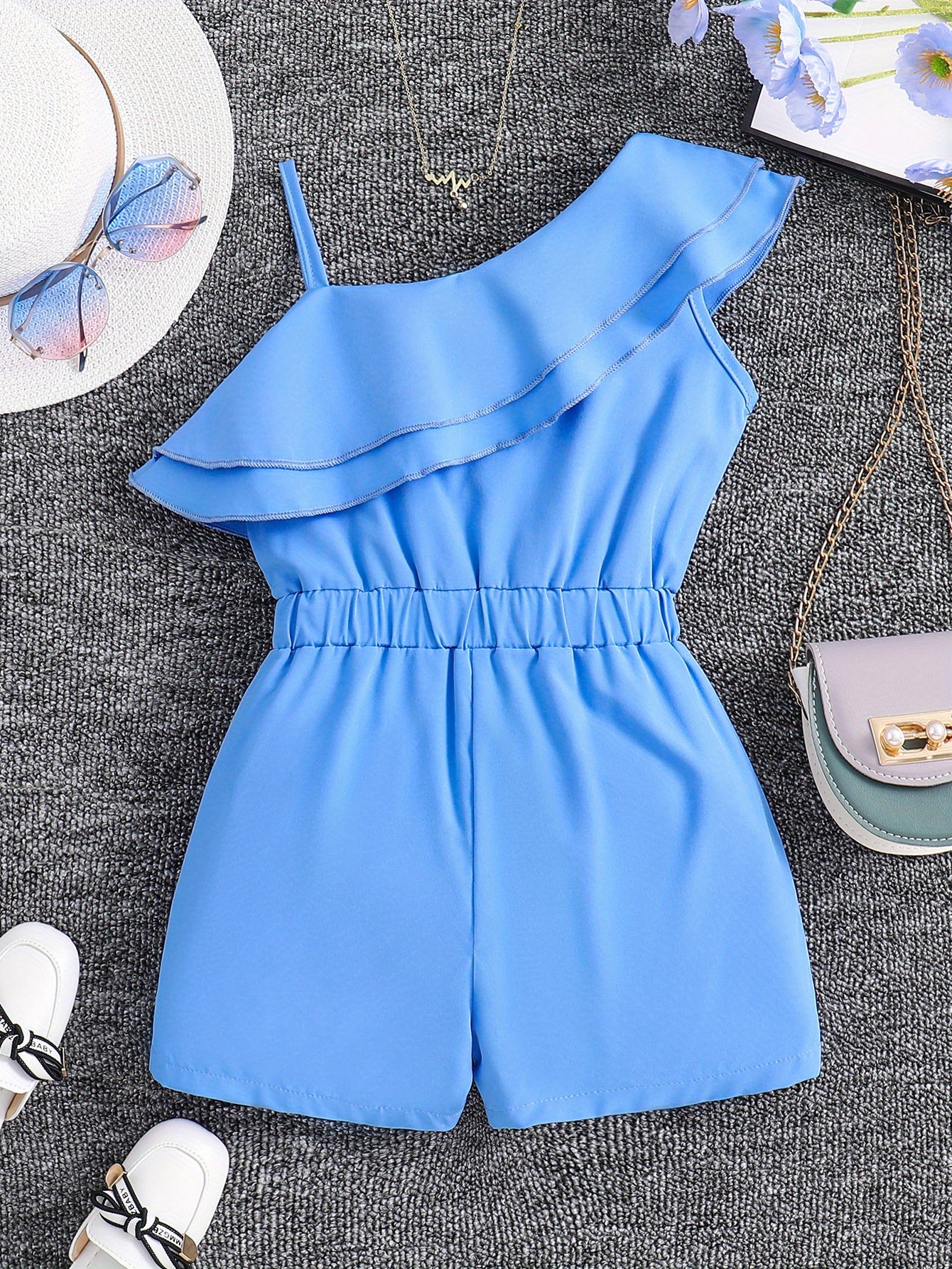Adorable Girls' White One-Shoulder Romper Jumpsuit - Ruffled, Sleeveless, Summer Outfit for Kids - Breathable, Soft, Comfortable Clothing for Little Princesses